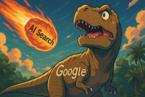 Anime illustration of 'AI Search' meteor approaching a confused 'Google' T-Rex.