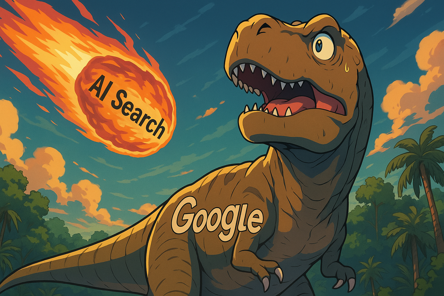 Anime illustration of 'AI Search' meteor approaching a confused 'Google' T-Rex.